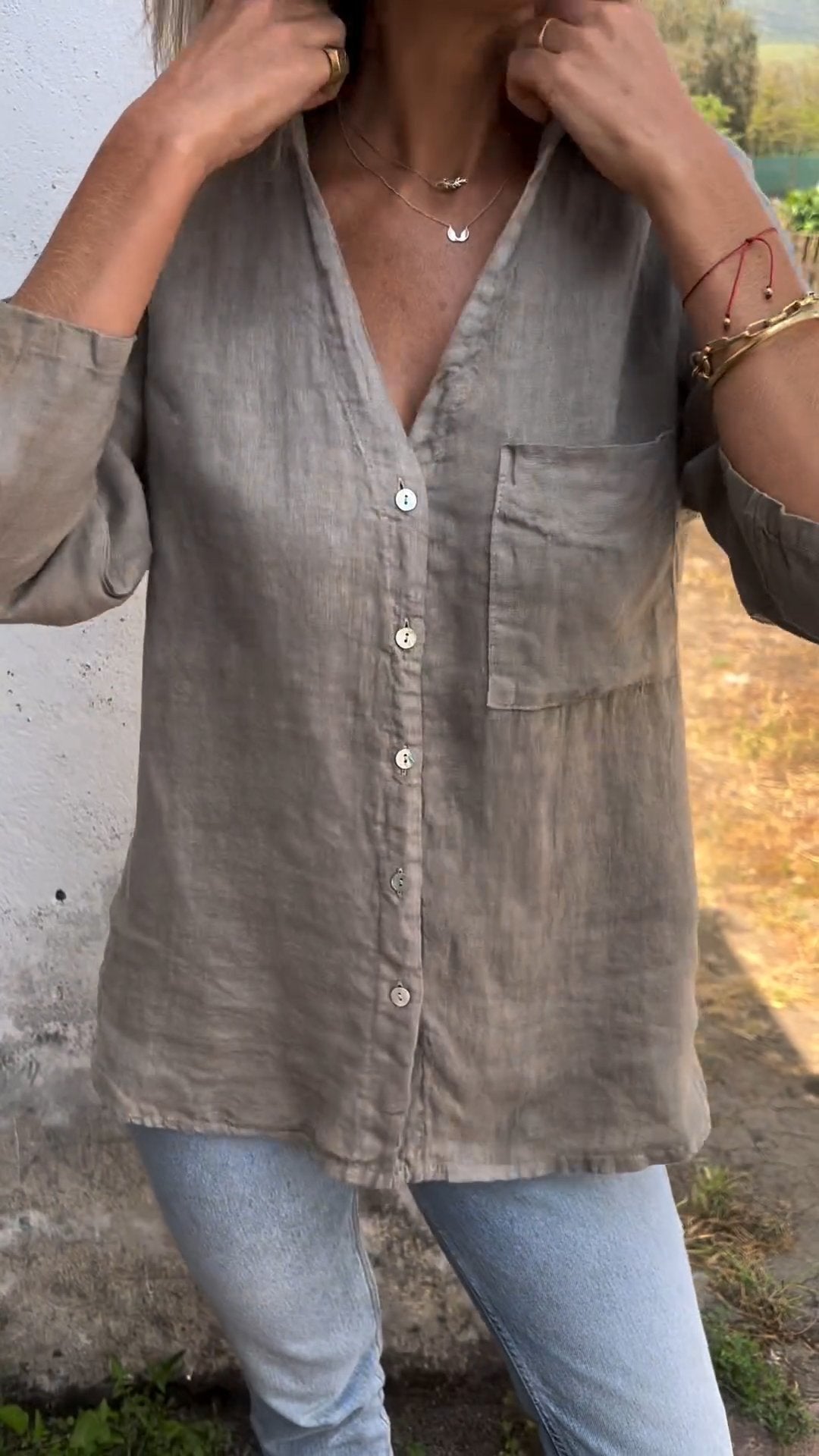 commsmarket-Cotton and Linen Mid-sleeve Lapel Shirt (Buy 2 Free Shipping)