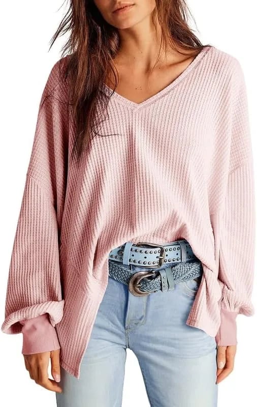 ⏰Hot Sale-Women's Waffle Knit Tops Long Lantern Sleeve Casual Blouses