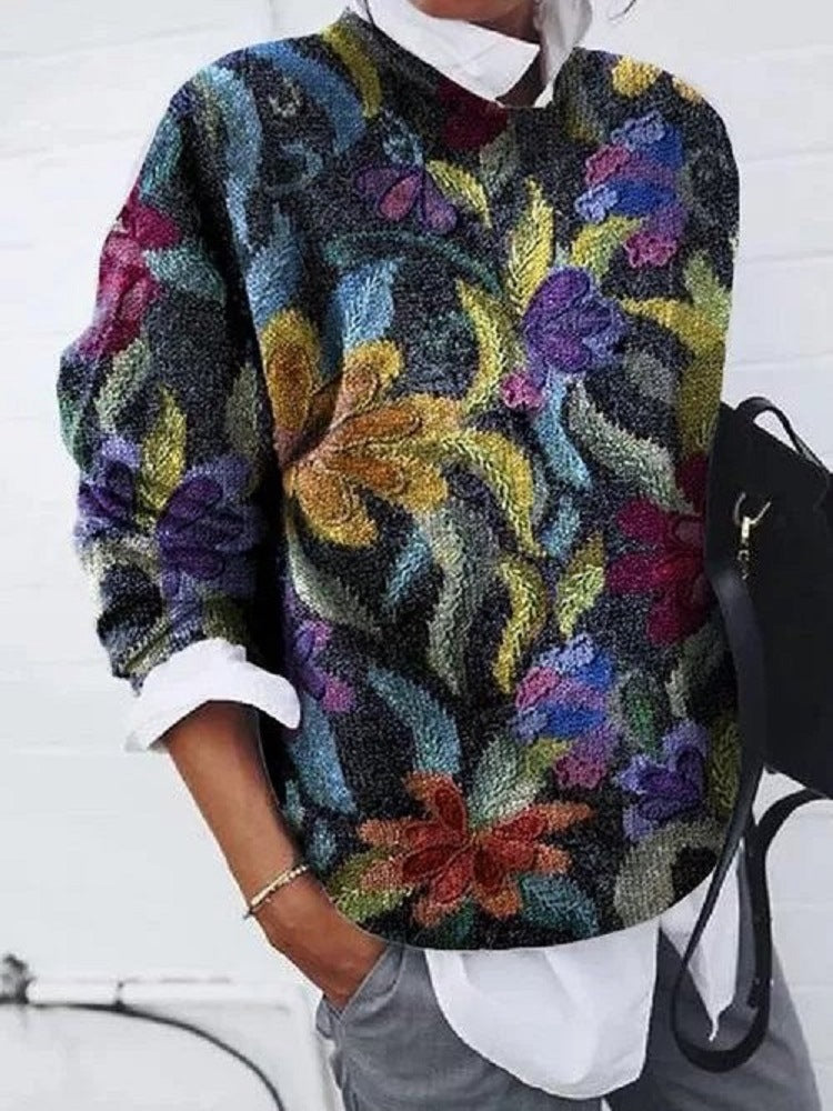 commsmarket-Casual Vintage Print Crew Neck Long Sleeve Sweatshirt