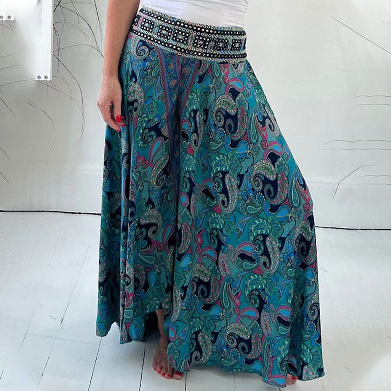 commsmarket-Ethnic Paisley Print Elastic Patchwork-Waist Lightweight Pants
