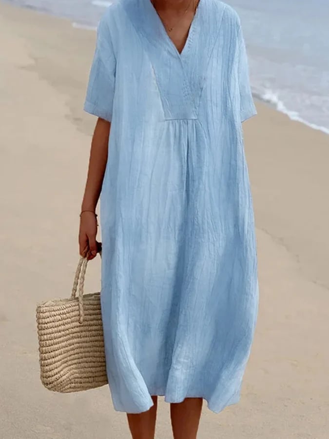 commsmarket-Loose Short Sleeved Solid V-Neck Dress-Buy 2 Free Shipping