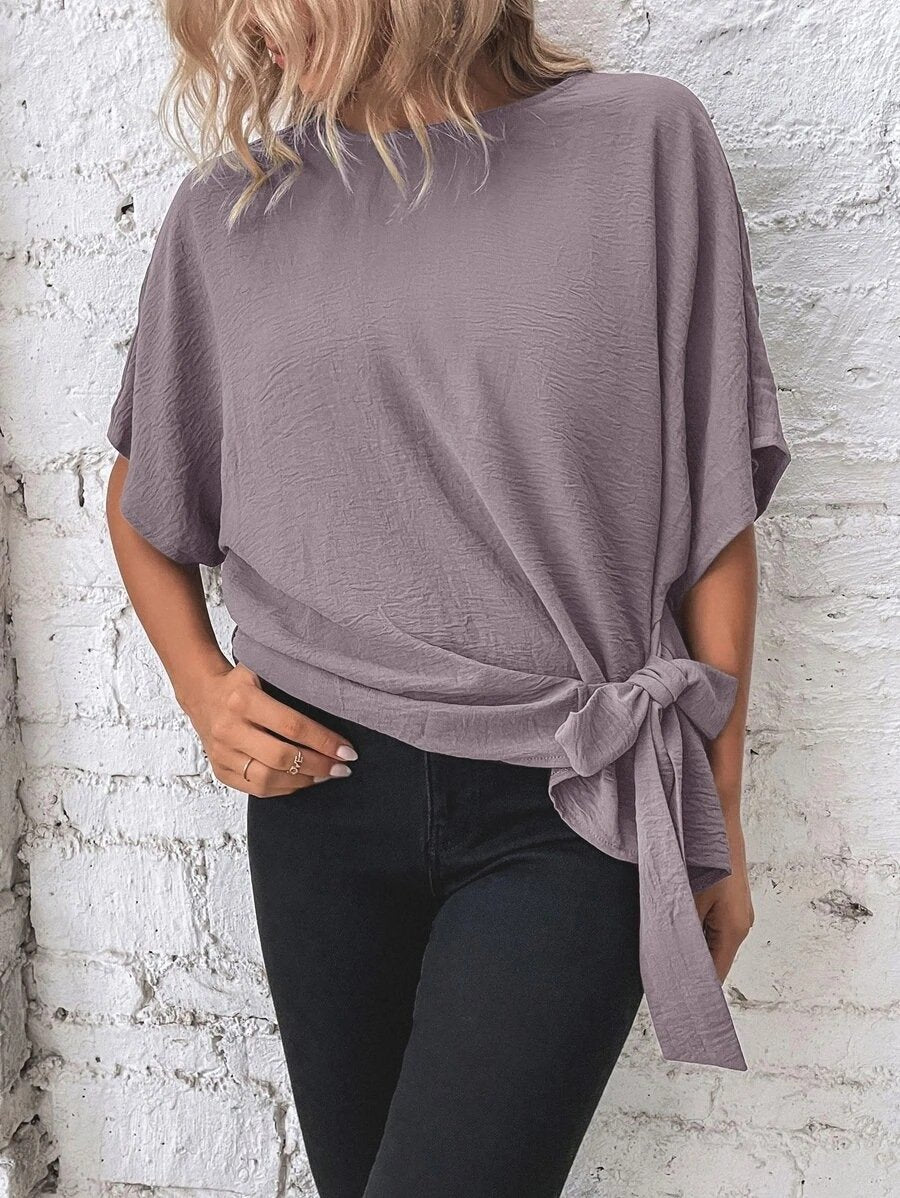 commsmarket-🌷Women's cotton and linen crewneck tie knot top