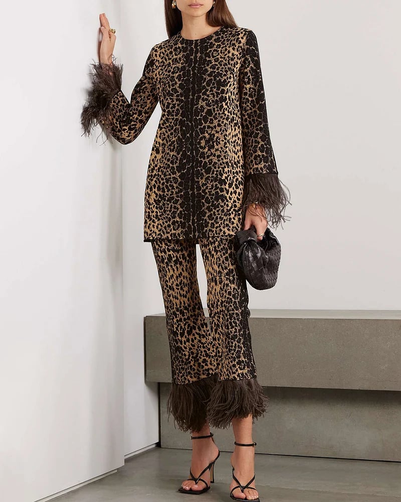 commsmarket-Asymmetric feather-trimmed sequin-embellished top and pants two-piece set