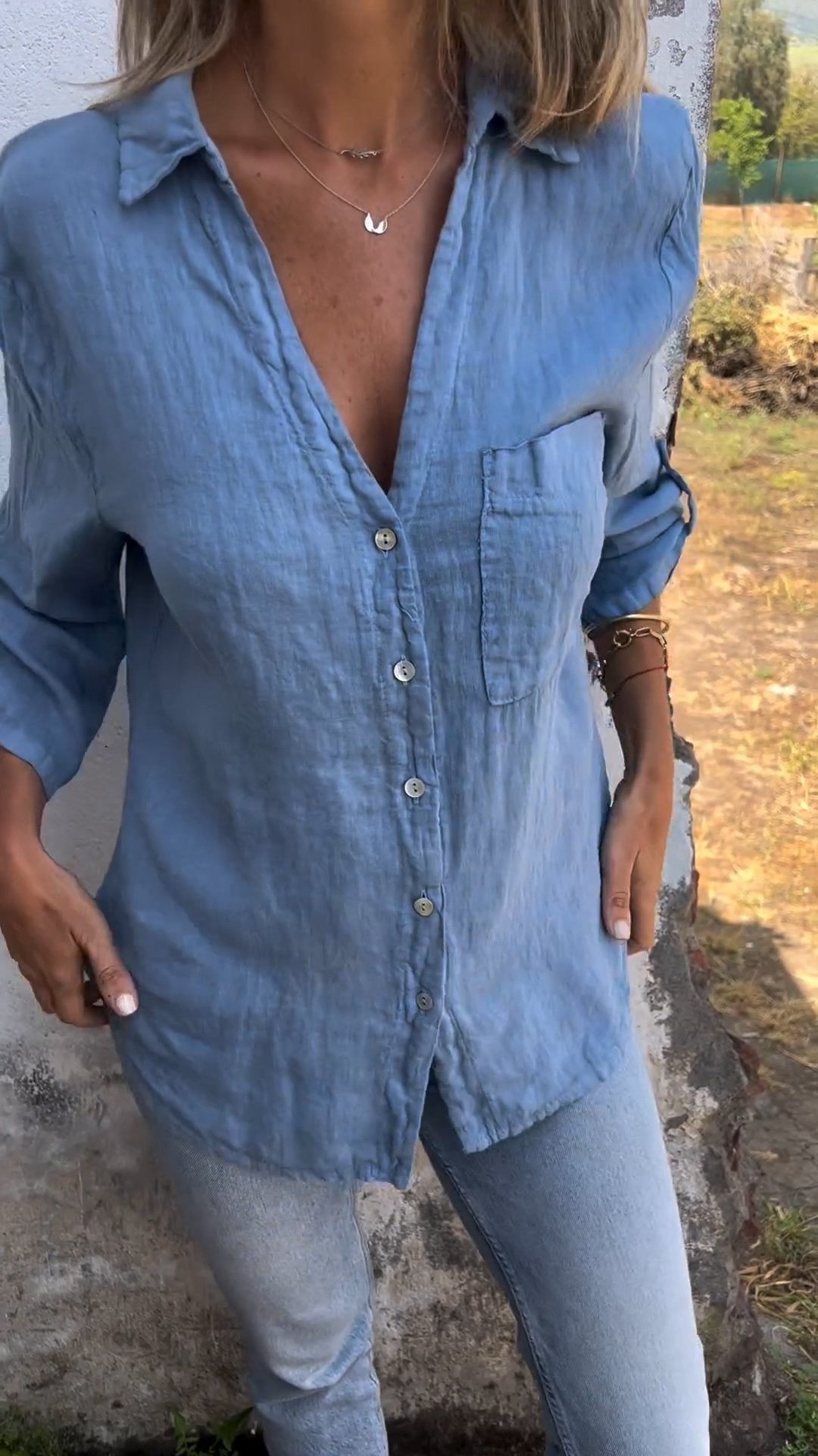 commsmarket-Cotton and Linen Mid-sleeve Lapel Shirt (Buy 2 Free Shipping)