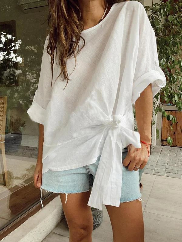 commsmarket-🌷Women's cotton and linen crewneck tie knot top