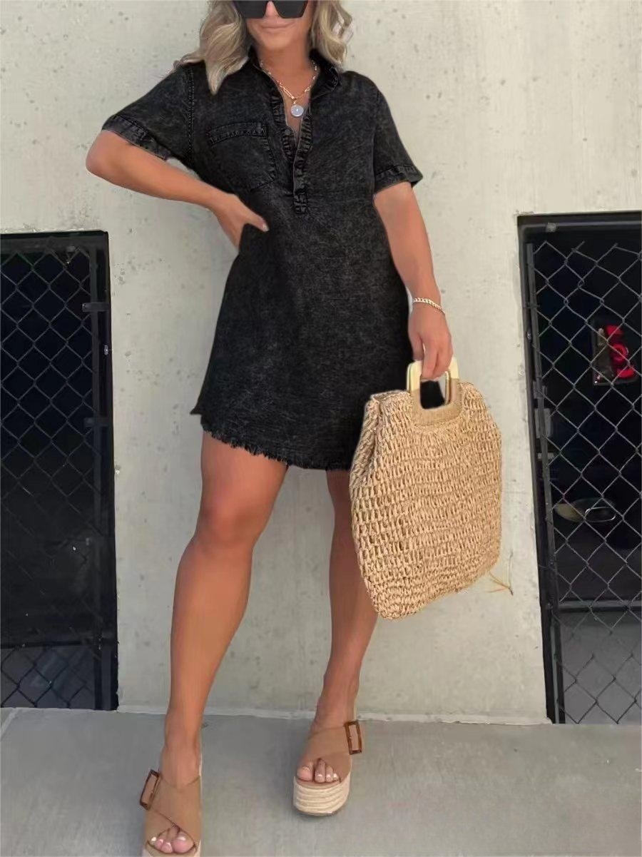 commsmarket-Short Sleeve Casual Denim Shirt Dress-Buy two and get free shipping!