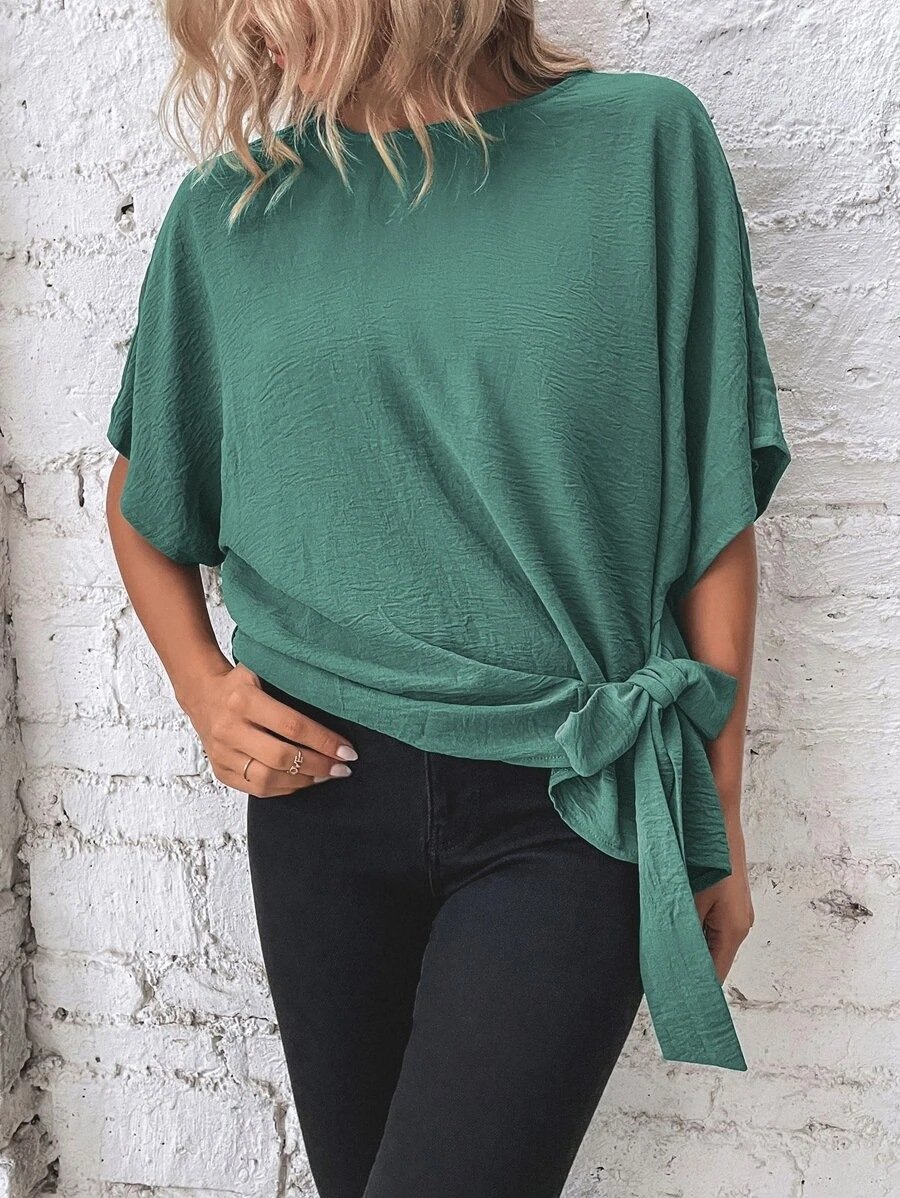 commsmarket-🌷Women's cotton and linen crewneck tie knot top