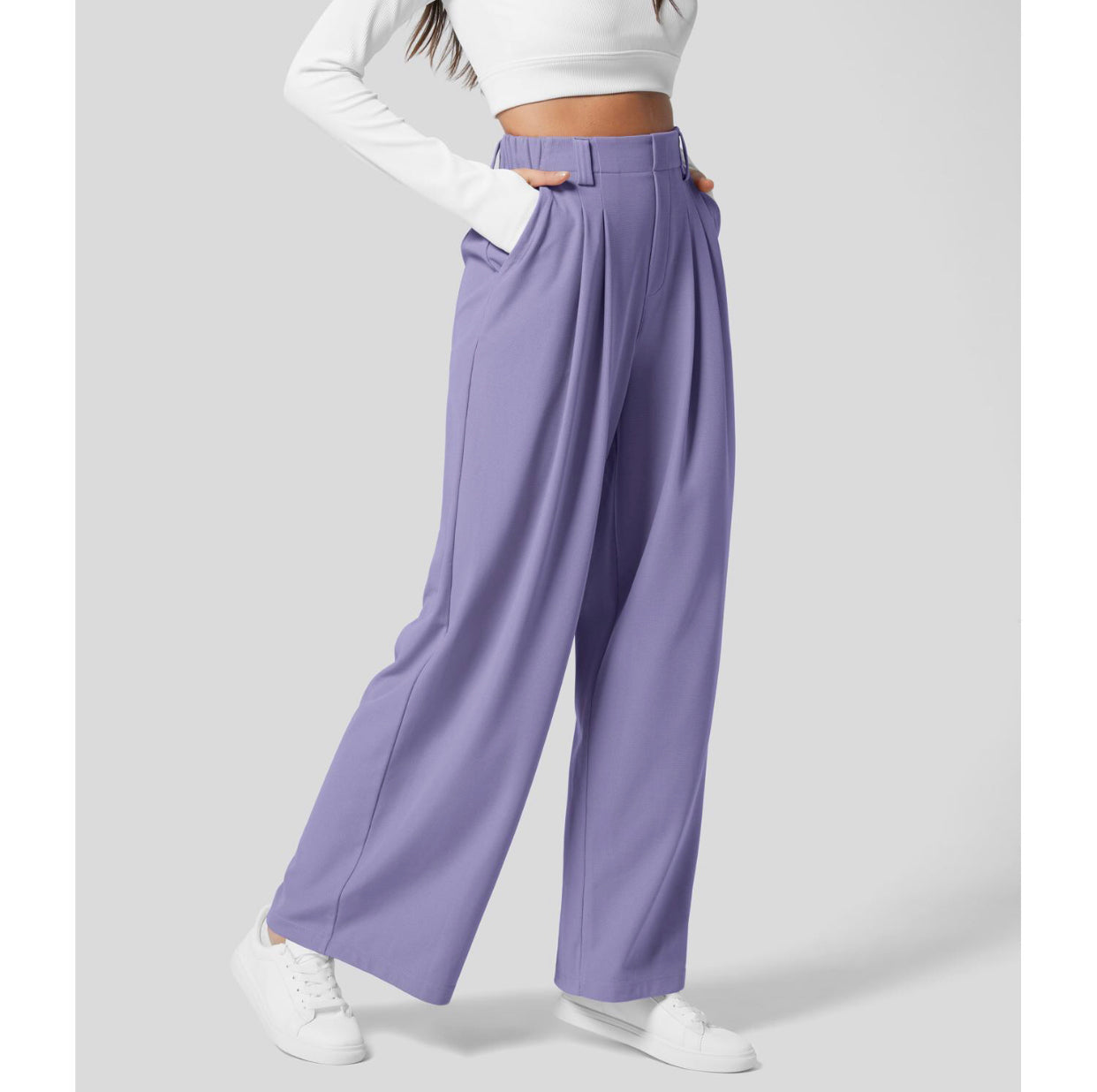 commsmarket-2024 High Waisted Plicated Side Pocket Wide Leg Waffle Casual Pants