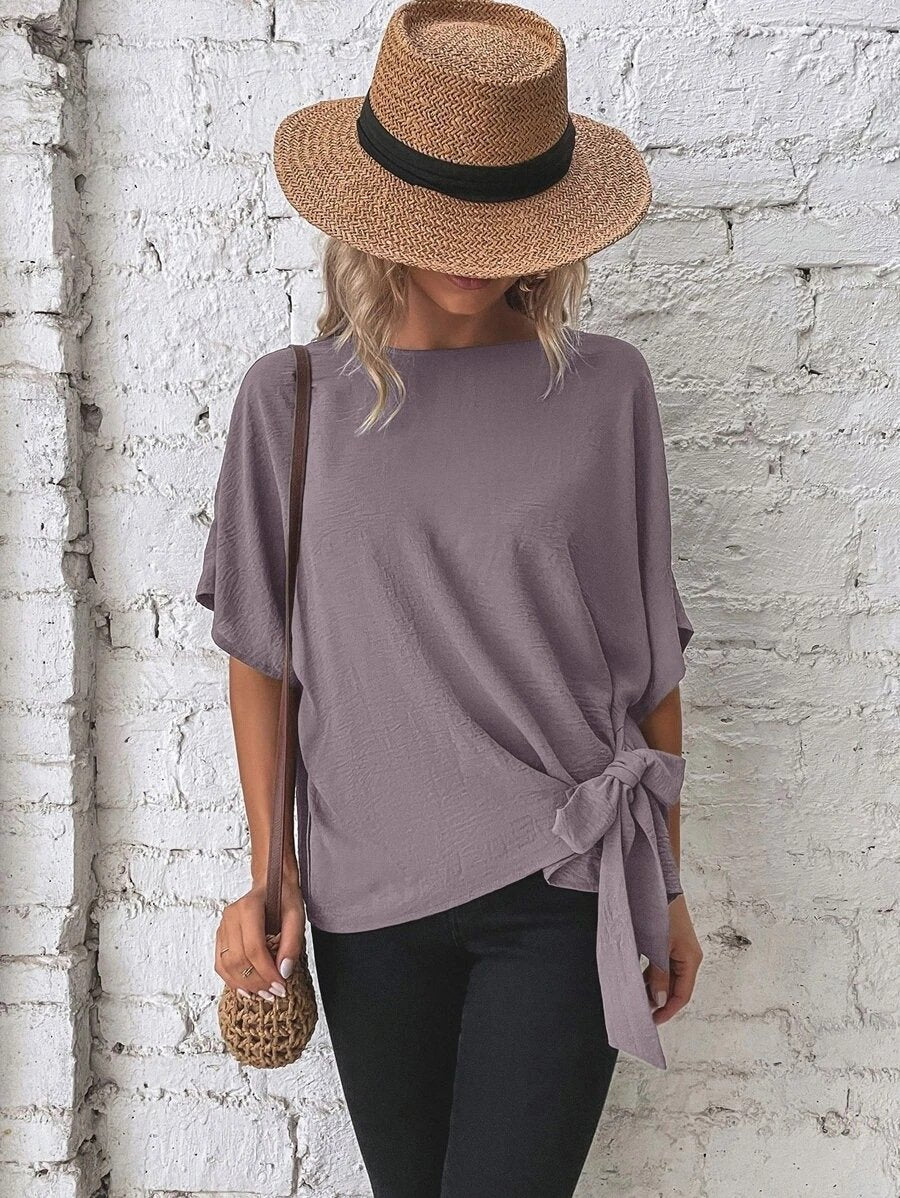 commsmarket-🌷Women's cotton and linen crewneck tie knot top