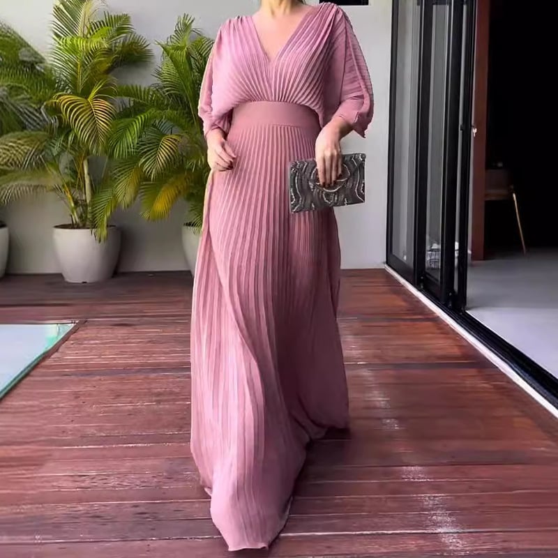 commsmarket-Pleated Batwing Sleeve Waist-Cinching Dress (Buy 2 Free Shipping)