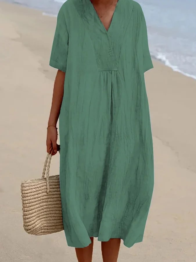commsmarket-Loose Short Sleeved Solid V-Neck Dress-Buy 2 Free Shipping