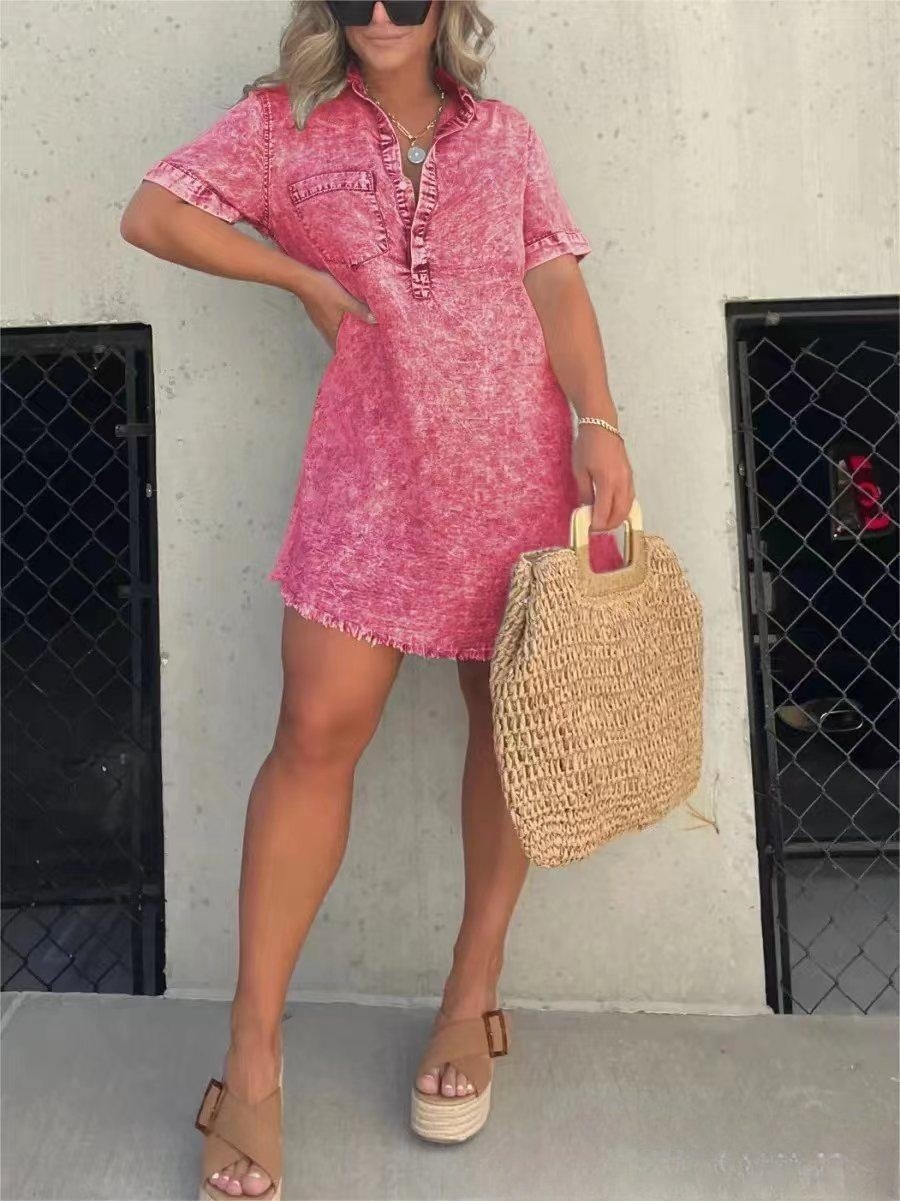 commsmarket-Short Sleeve Casual Denim Shirt Dress-Buy two and get free shipping!