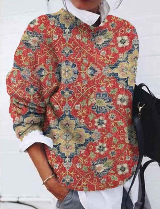 commsmarket-Casual Vintage Print Crew Neck Long Sleeve Sweatshirt