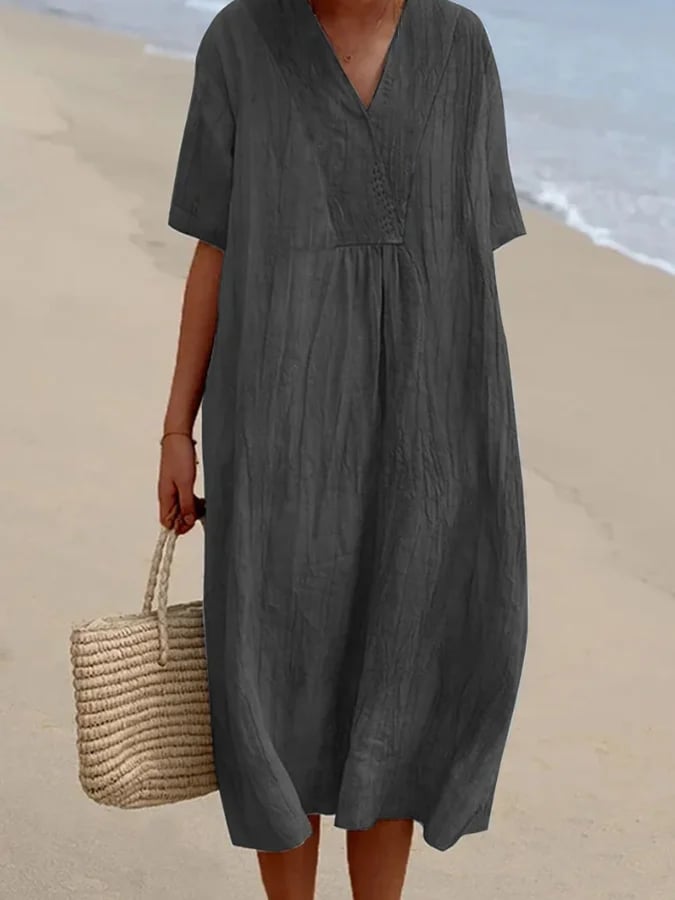 commsmarket-Loose Short Sleeved Solid V-Neck Dress-Buy 2 Free Shipping