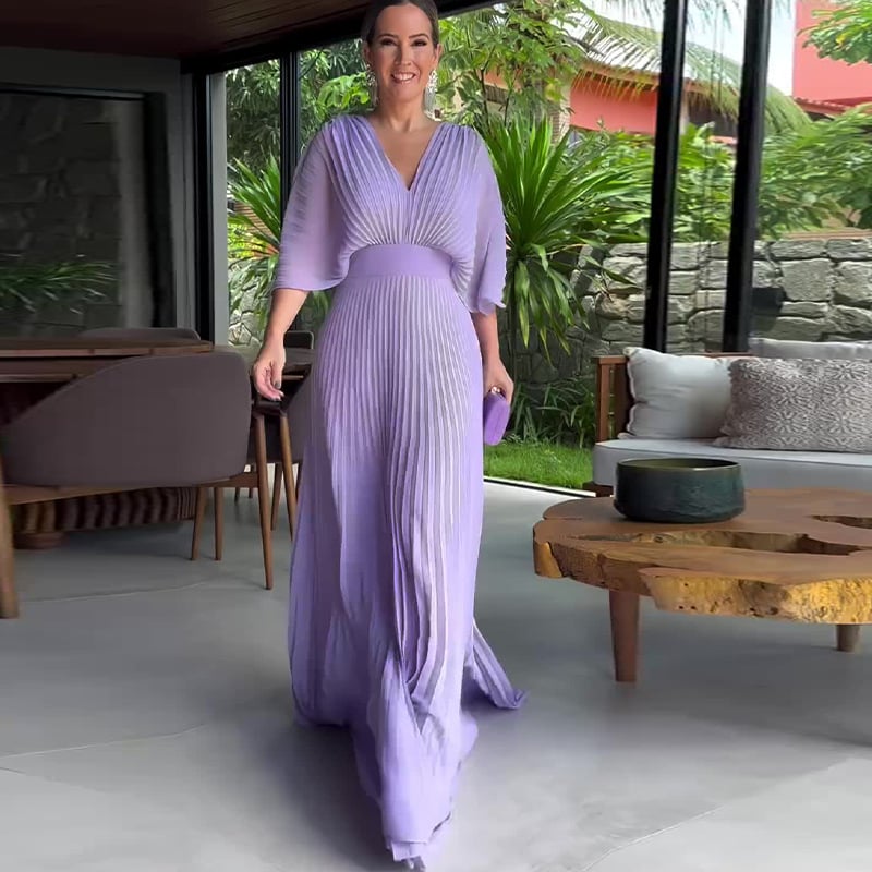 commsmarket-Pleated Batwing Sleeve Waist-Cinching Dress (Buy 2 Free Shipping)