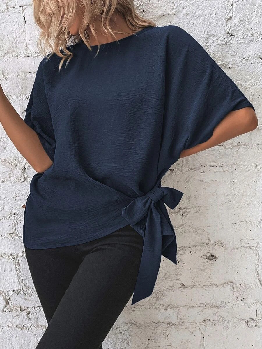 commsmarket-🌷Women's cotton and linen crewneck tie knot top