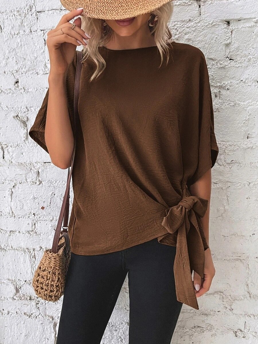 commsmarket-🌷Women's cotton and linen crewneck tie knot top