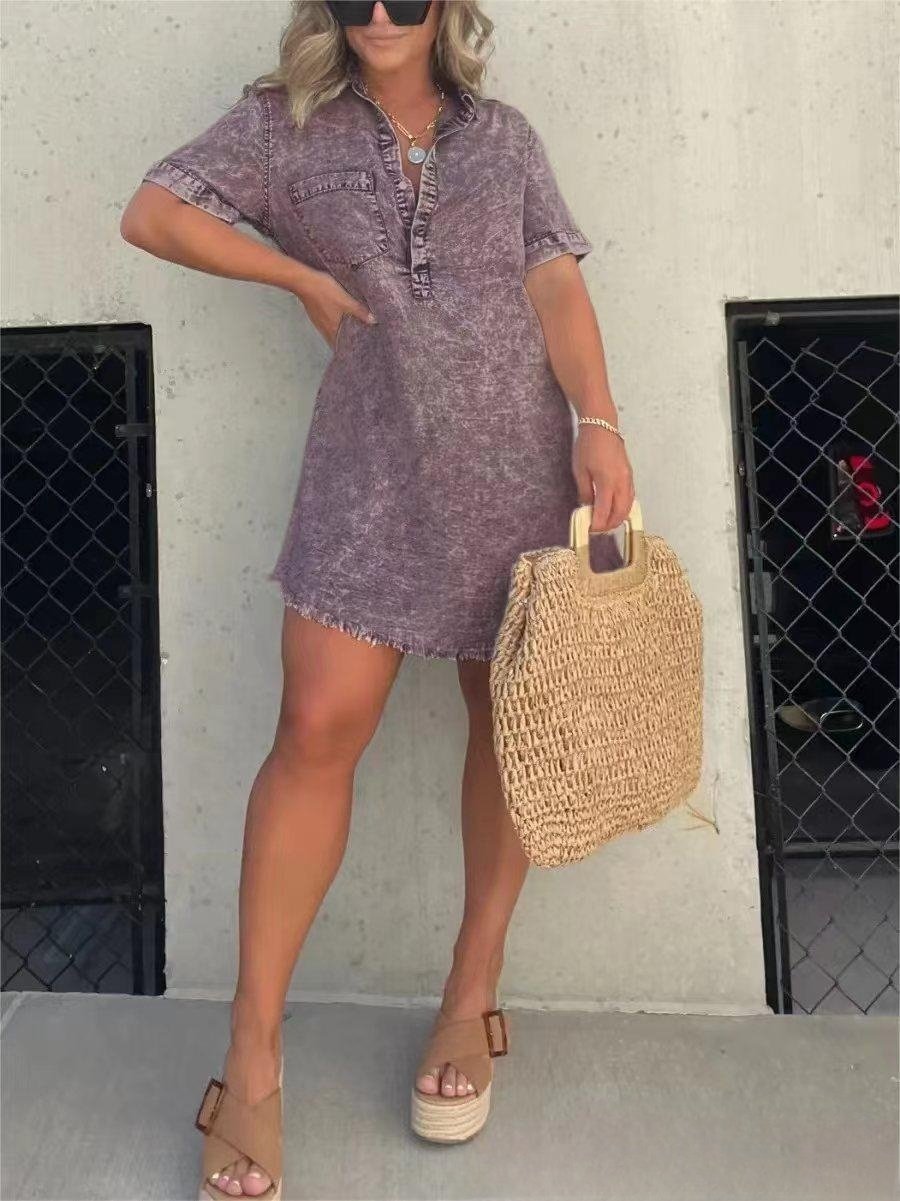 commsmarket-Short Sleeve Casual Denim Shirt Dress-Buy two and get free shipping!