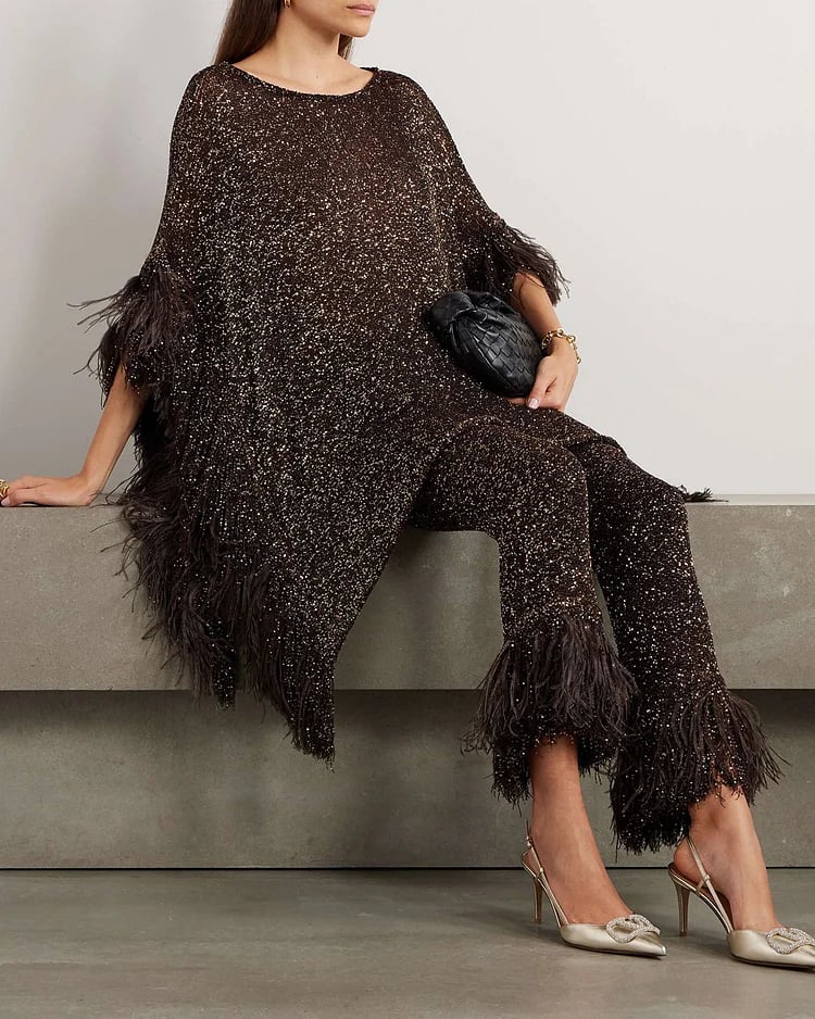 commsmarket-Asymmetric feather-trimmed sequin-embellished top and pants two-piece set