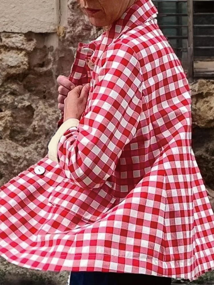 commsmarket-Women's Plaid Pocket Long Sleeve Cotton and Linen Cardigan