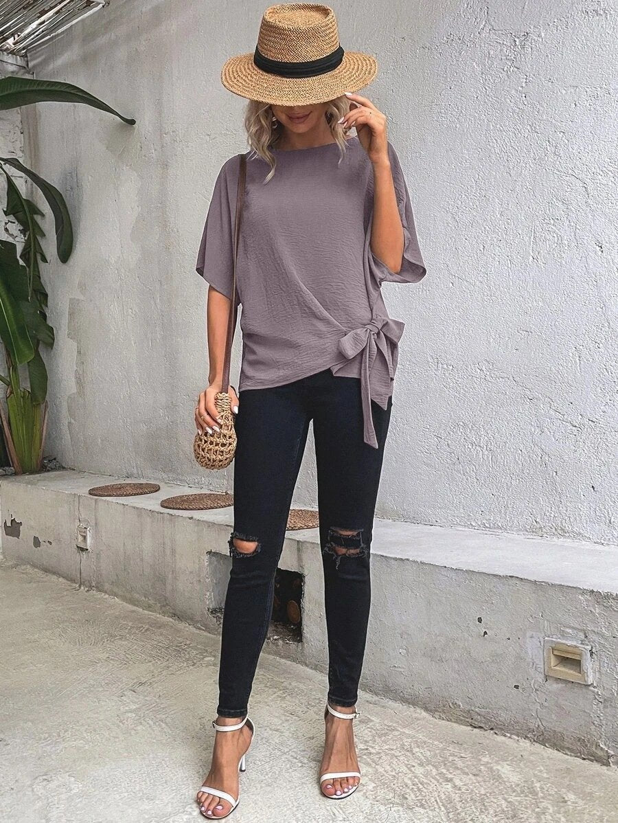 commsmarket-🌷Women's cotton and linen crewneck tie knot top
