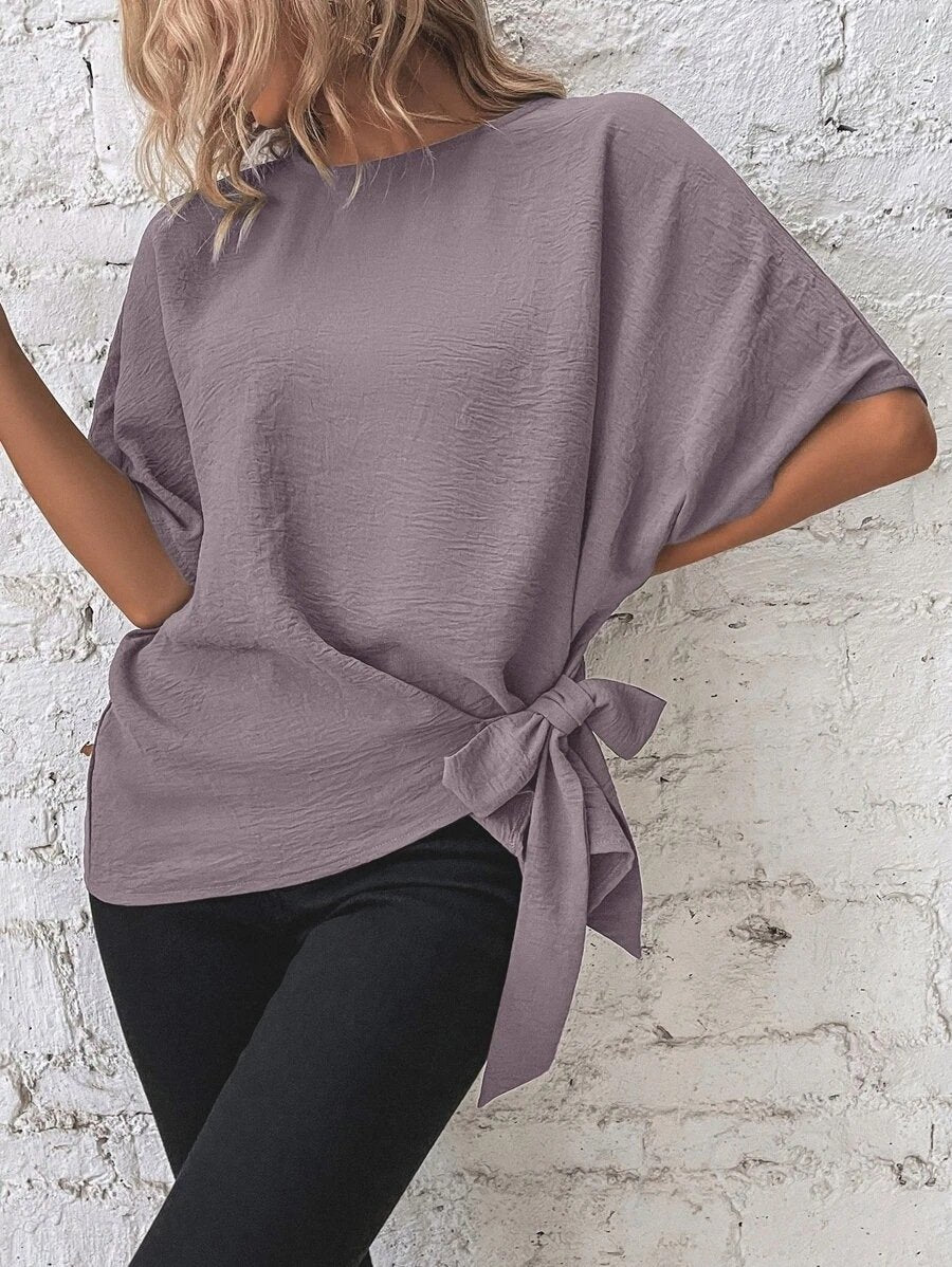commsmarket-🌷Women's cotton and linen crewneck tie knot top