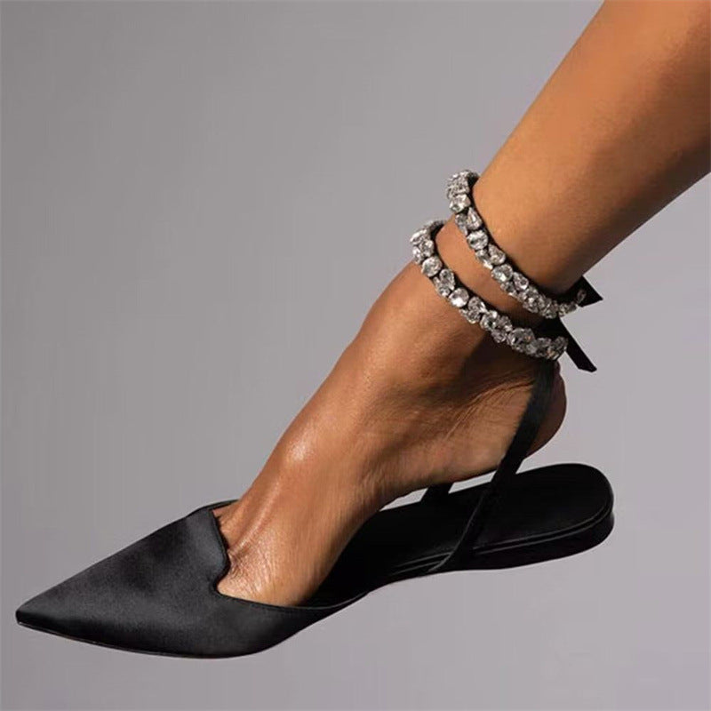 commsmarket-2024 Summer Glam Crystal Pointed Toe Flat Slide Sandals Fashionable Ankle Strap Shoe