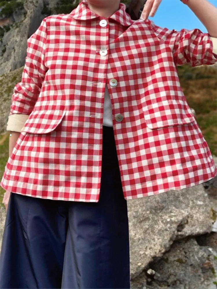 commsmarket-Women's Plaid Pocket Long Sleeve Cotton and Linen Cardigan
