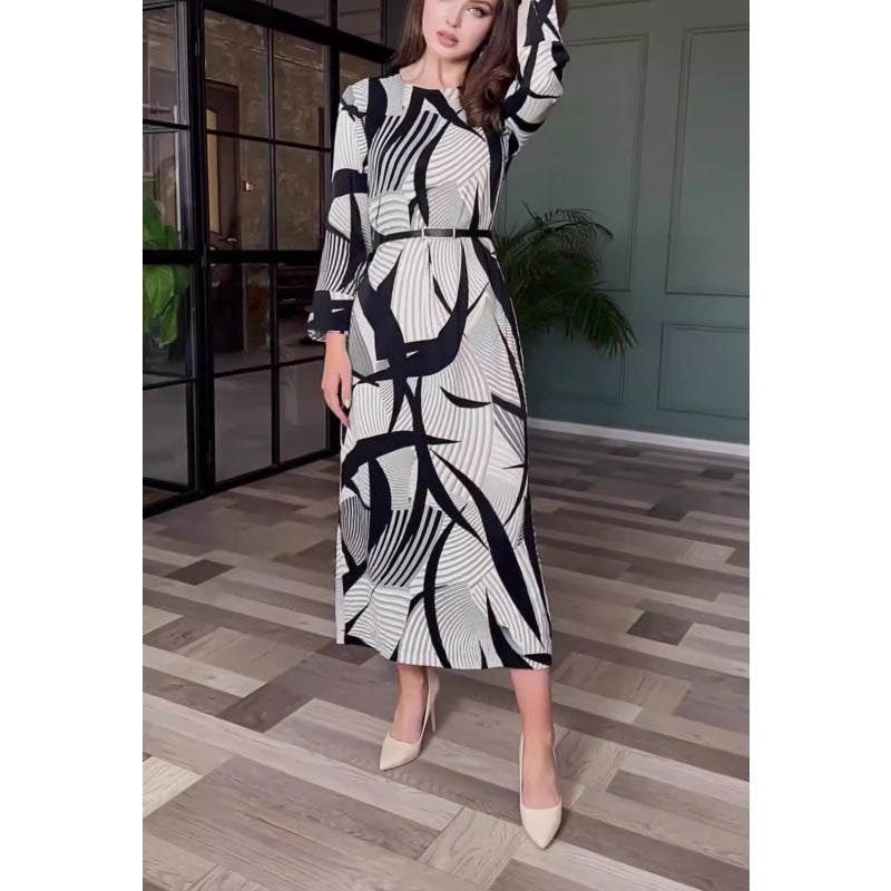 commsmarket-Elegant Round Neck Stretch Dress with Belt