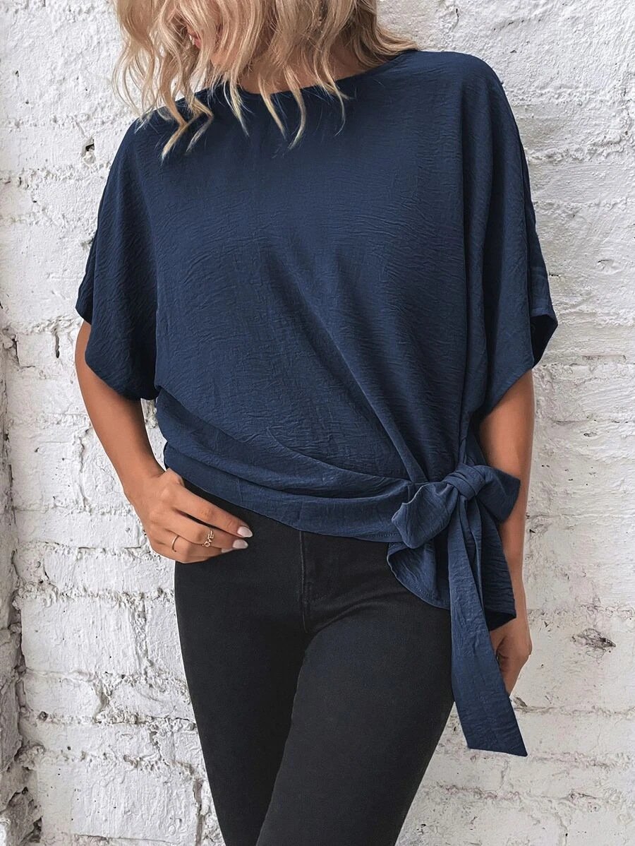 commsmarket-🌷Women's cotton and linen crewneck tie knot top