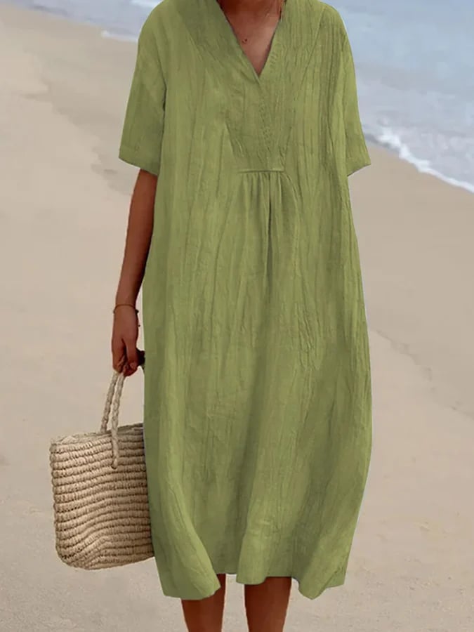 commsmarket-Loose Short Sleeved Solid V-Neck Dress-Buy 2 Free Shipping