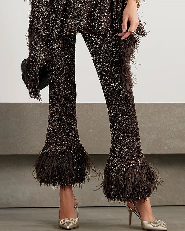 commsmarket-Asymmetric feather-trimmed sequin-embellished top and pants two-piece set