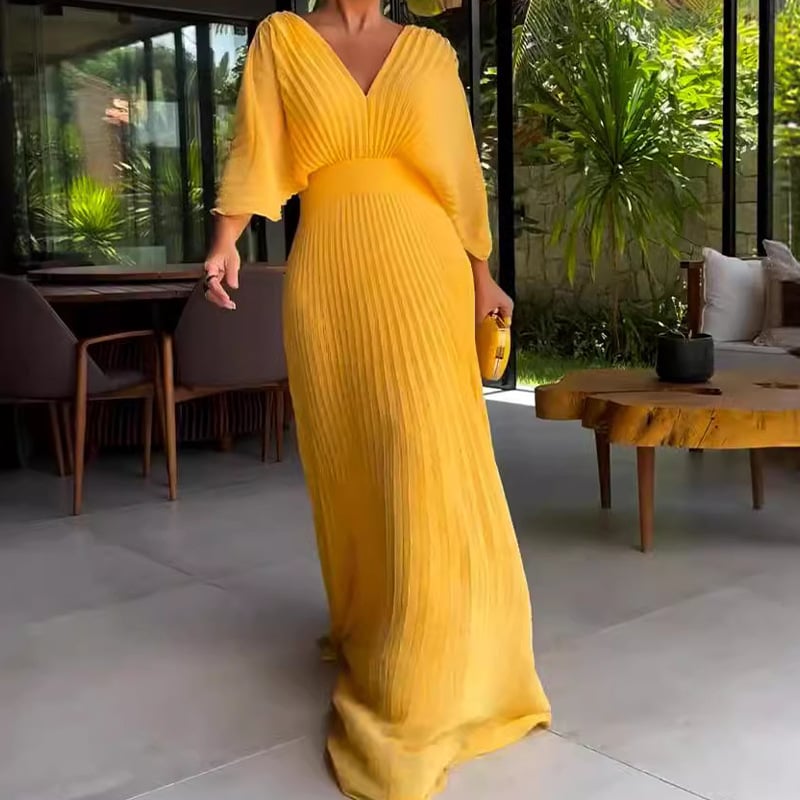commsmarket-Pleated Batwing Sleeve Waist-Cinching Dress (Buy 2 Free Shipping)