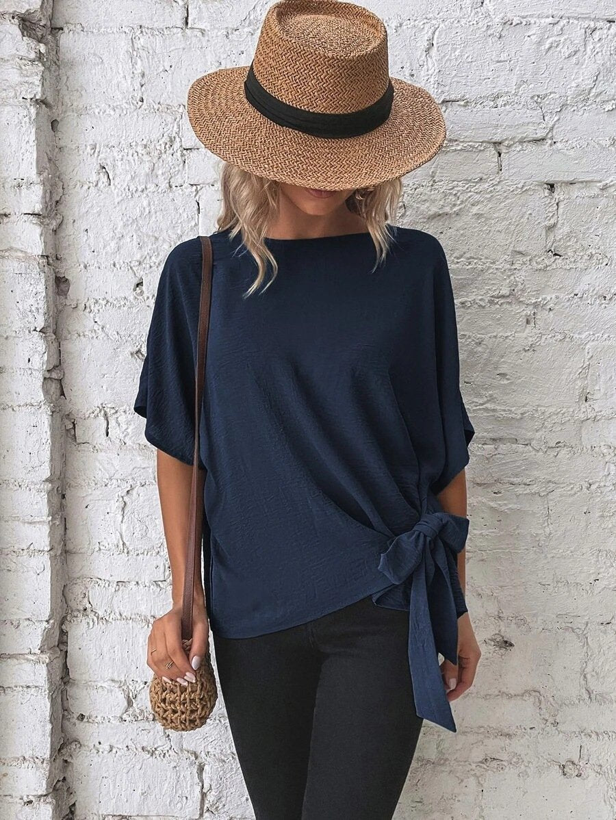 commsmarket-🌷Women's cotton and linen crewneck tie knot top