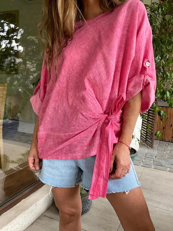 commsmarket-🌷Women's cotton and linen crewneck tie knot top