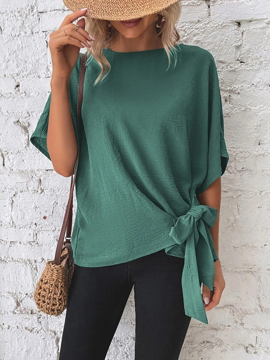 commsmarket-🌷Women's cotton and linen crewneck tie knot top