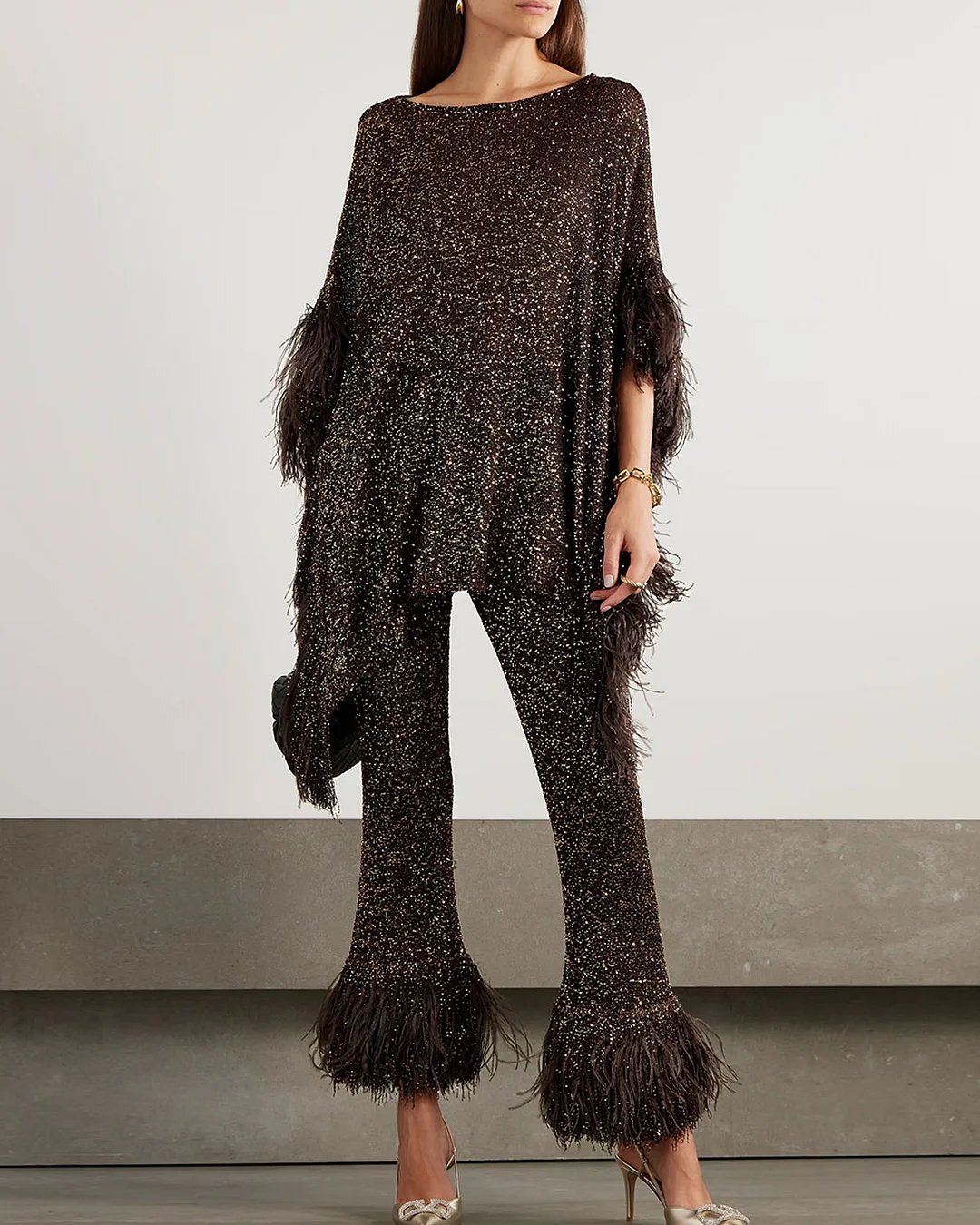 commsmarket-Asymmetric feather-trimmed sequin-embellished top and pants two-piece set