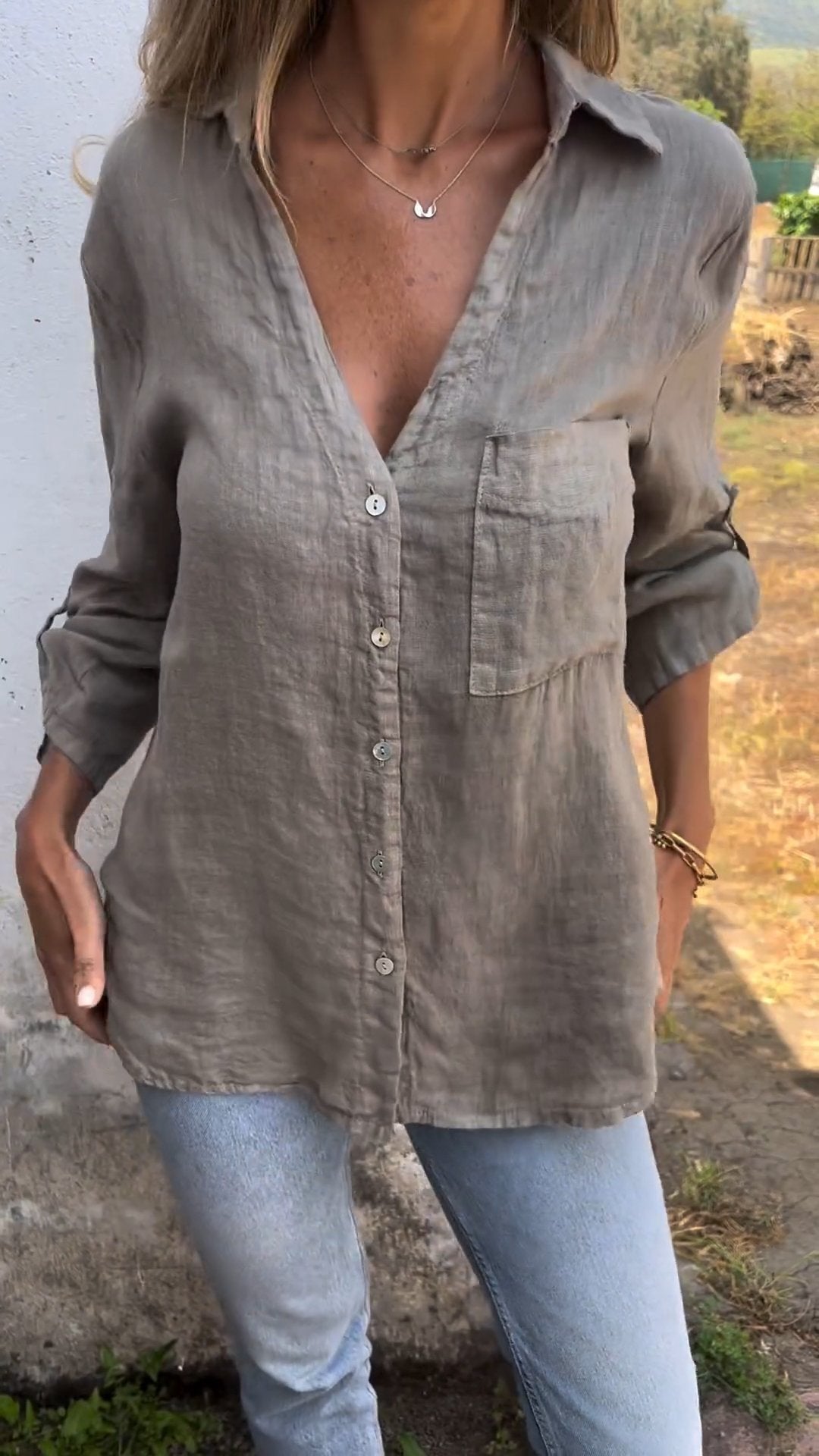 commsmarket-Cotton and Linen Mid-sleeve Lapel Shirt (Buy 2 Free Shipping)