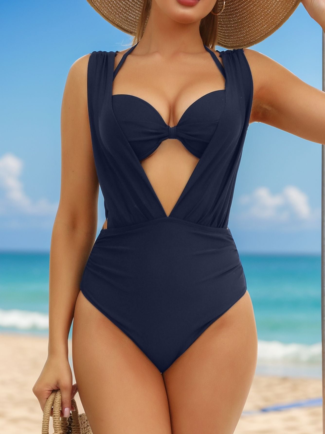 🏖️Last Day Special Sale 49% OFF🩱Women's Underwire Tummy Control One Piece Halter Plunging Neck Swimsuit