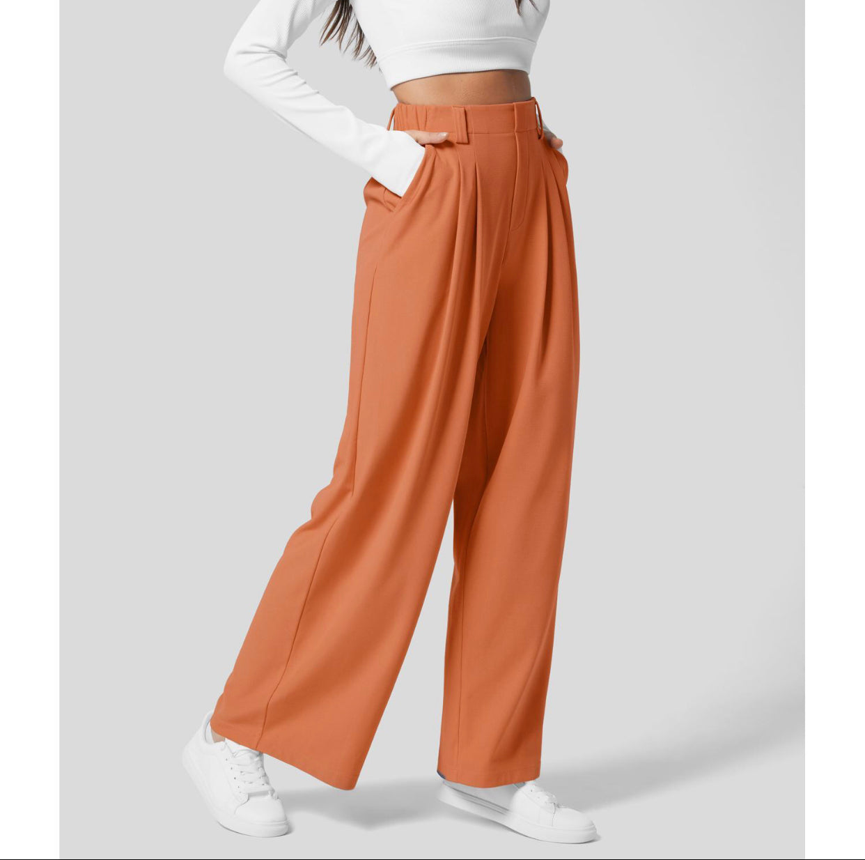 commsmarket-2024 High Waisted Plicated Side Pocket Wide Leg Waffle Casual Pants