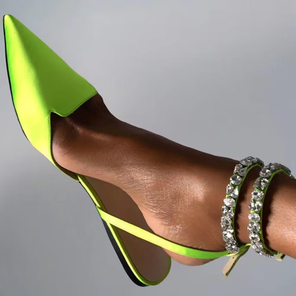 commsmarket-2024 Summer Glam Crystal Pointed Toe Flat Slide Sandals Fashionable Ankle Strap Shoe