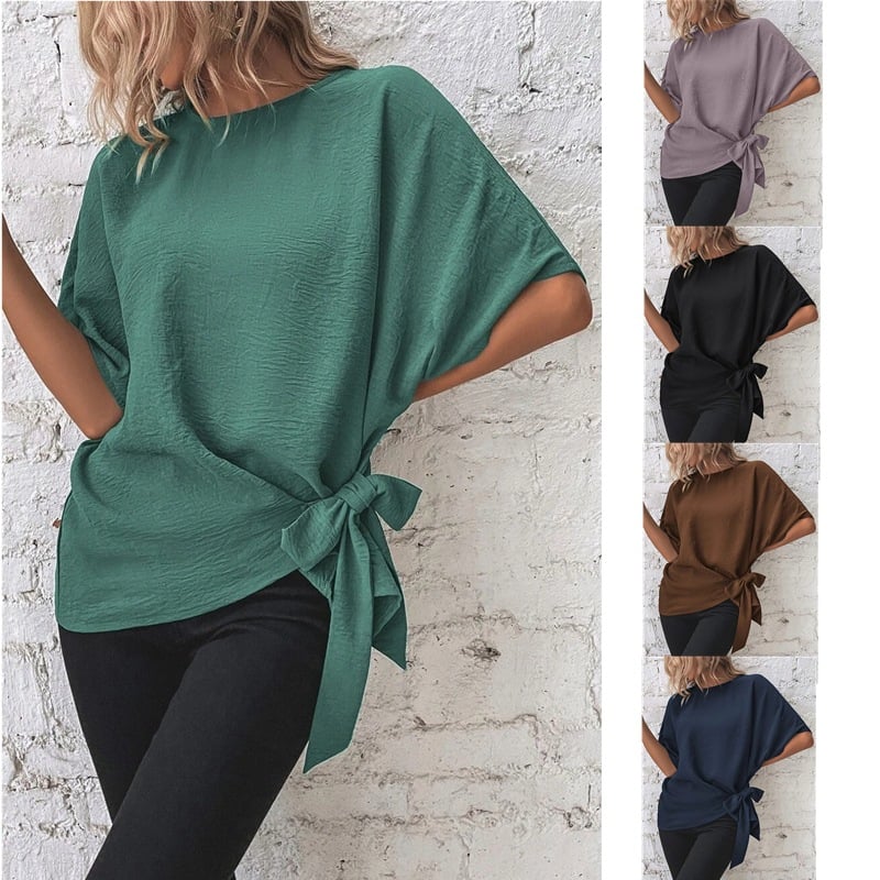 commsmarket-🌷Women's cotton and linen crewneck tie knot top