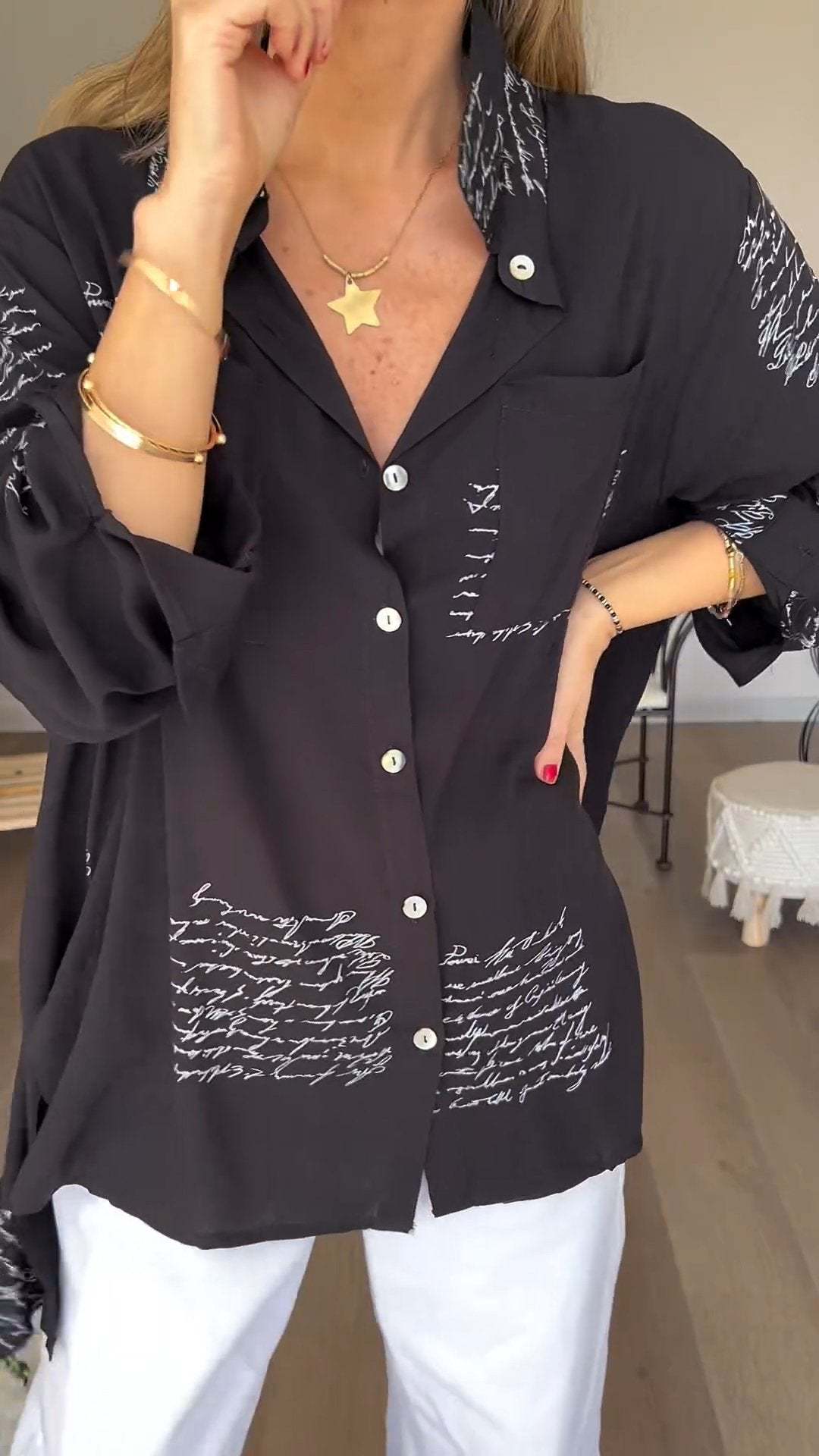 commsmarket-Letter Print Fashion Lapel Shirt (Buy 2 Free Shipping)