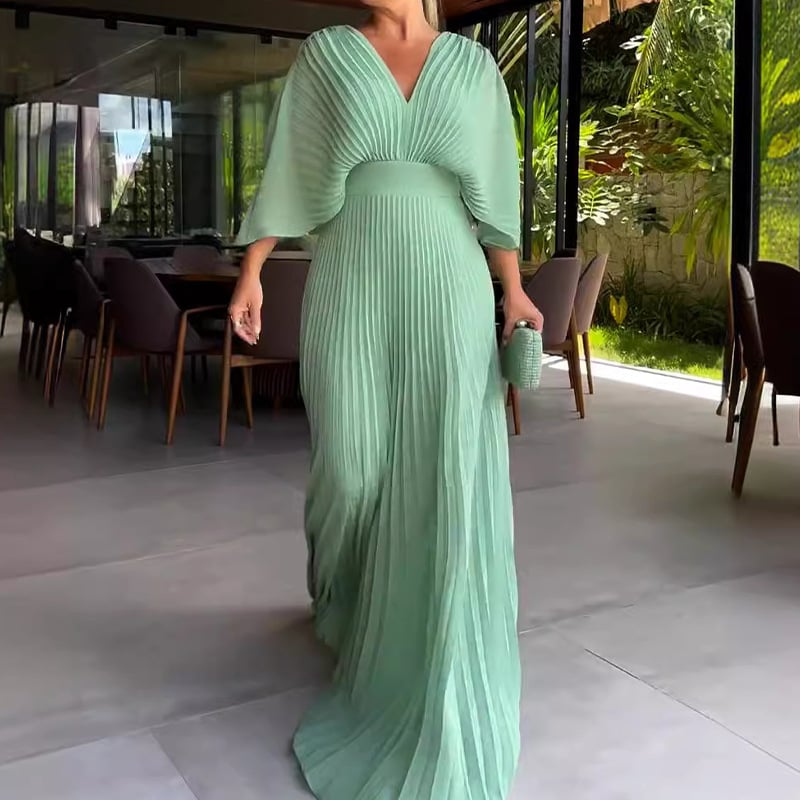 commsmarket-Pleated Batwing Sleeve Waist-Cinching Dress (Buy 2 Free Shipping)