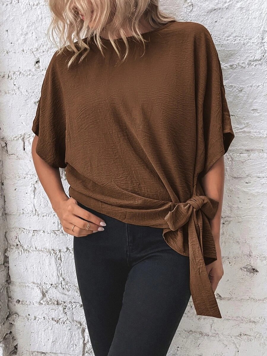 commsmarket-🌷Women's cotton and linen crewneck tie knot top