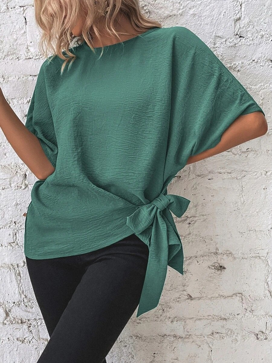 commsmarket-🌷Women's cotton and linen crewneck tie knot top