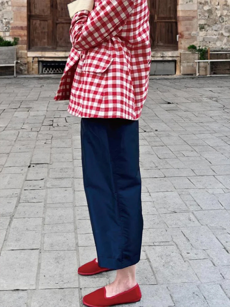 commsmarket-Women's Plaid Pocket Long Sleeve Cotton and Linen Cardigan