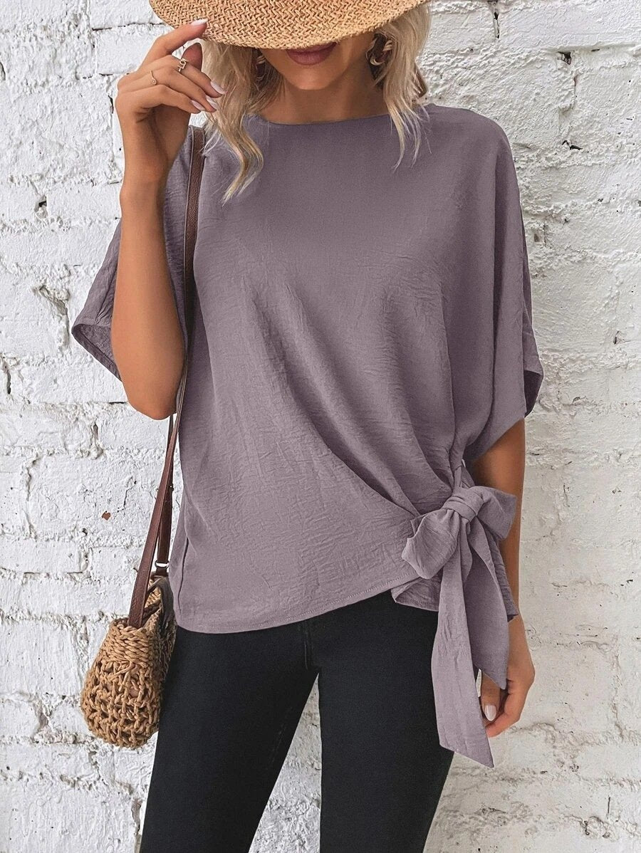 commsmarket-🌷Women's cotton and linen crewneck tie knot top