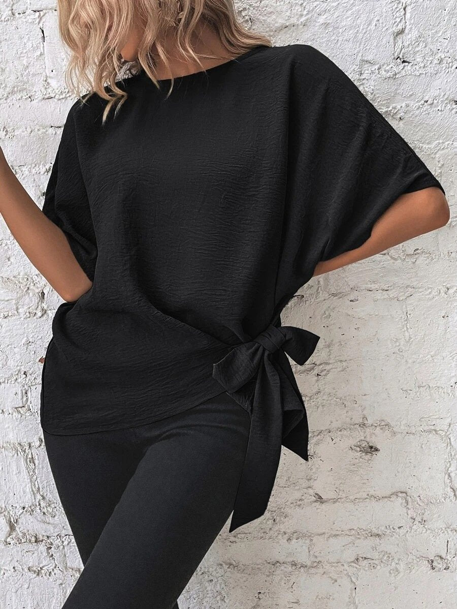commsmarket-🌷Women's cotton and linen crewneck tie knot top
