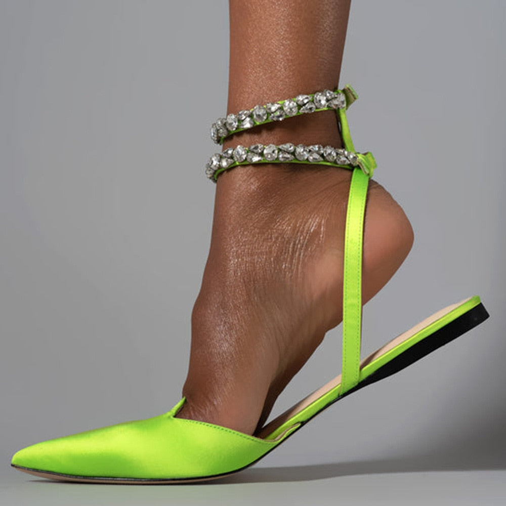 commsmarket-2024 Summer Glam Crystal Pointed Toe Flat Slide Sandals Fashionable Ankle Strap Shoe
